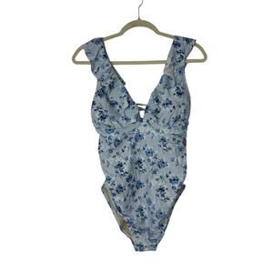 NWT A Pea in the Pod Ruffled Maternity Floral Swimsuit Light Blue Size M Cottage